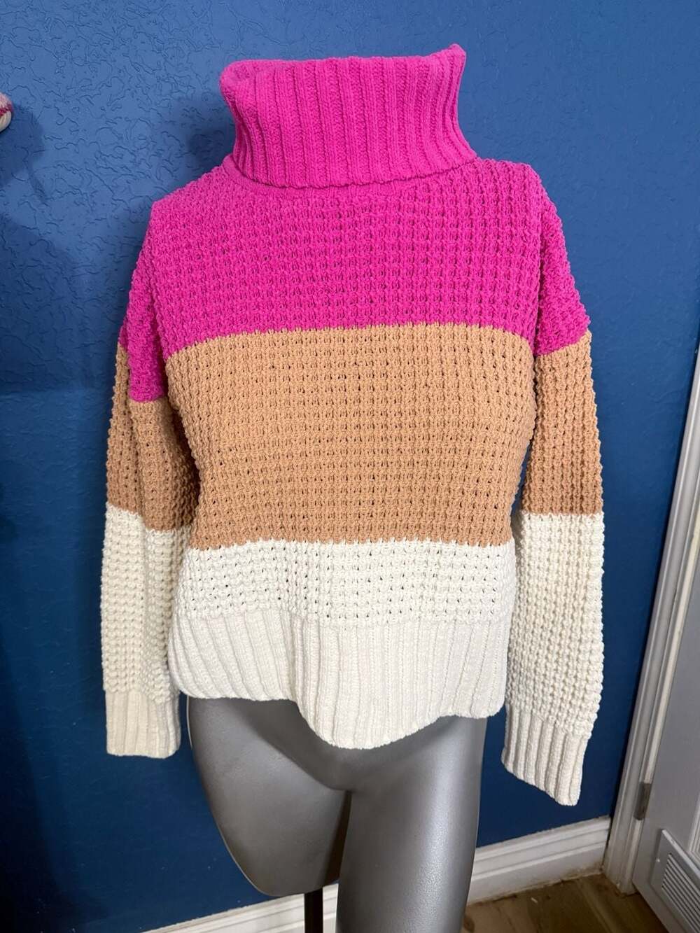 Pink Rose Small Colorblock Turtleneck Sweater Hot Pink Camel Cream Chunky Knit